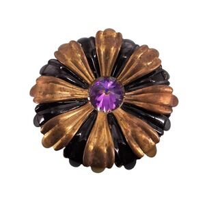 Large Vintage Japanned Rivoli Purple Rhinestone Flower Statement Brooch 3"